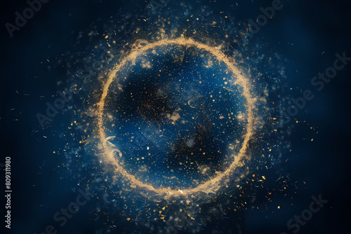 Background with Dark blue and gold particle. Golden light shine particles on navy blue background.