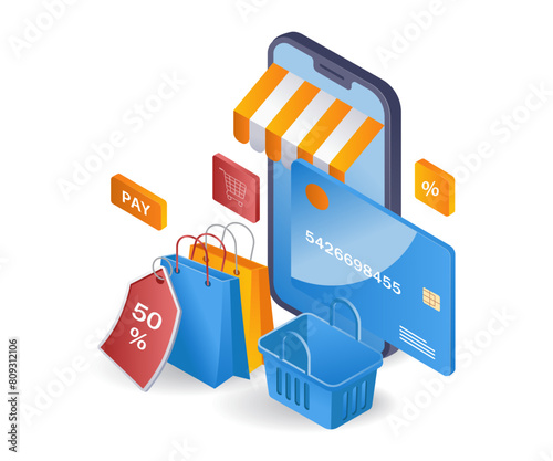 Online shopping e commerce market infographic flat isometric 3d illustration
