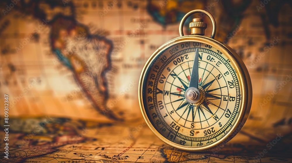 Antique compass rests on a world map, symbolizing adventure, exploration, and historical navigation Antique compass rests on a world map, symbolizing adventure, exploration, and historical navigation