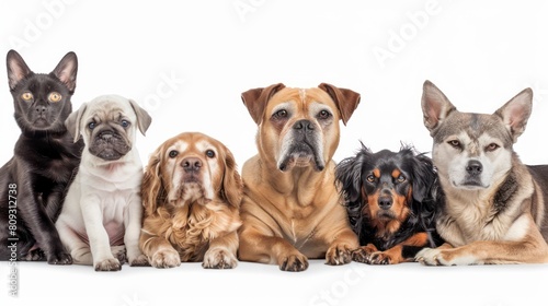 This intriguing photo features a lineup of different dog breeds sitting side by side with their faces artfully blurred