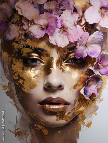 Beautiful woman face with gold and purple flower bouquet art. Girl portrait oil or acryl painting. Natural beauty, health, makeup concept. Background for design poster, greeting card, banner, flyer, 