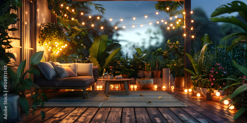 Illuminated Seating Area with String Lights, Cozy Seating Area with Illumination