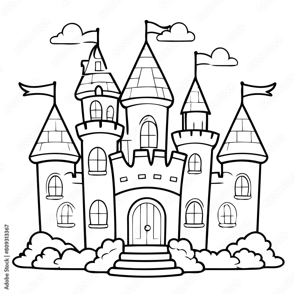 Fototapeta premium Cute vector illustration Castle doodle for toddlers coloring activity