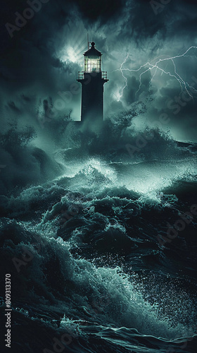 "Stormy Night at the Lighthouse: Waves Crashing and Light Beaming" "Lighthouse Enduring Storm with Powerful Waves" "Dramatic Night Seascape with Lighthouse Illumination"