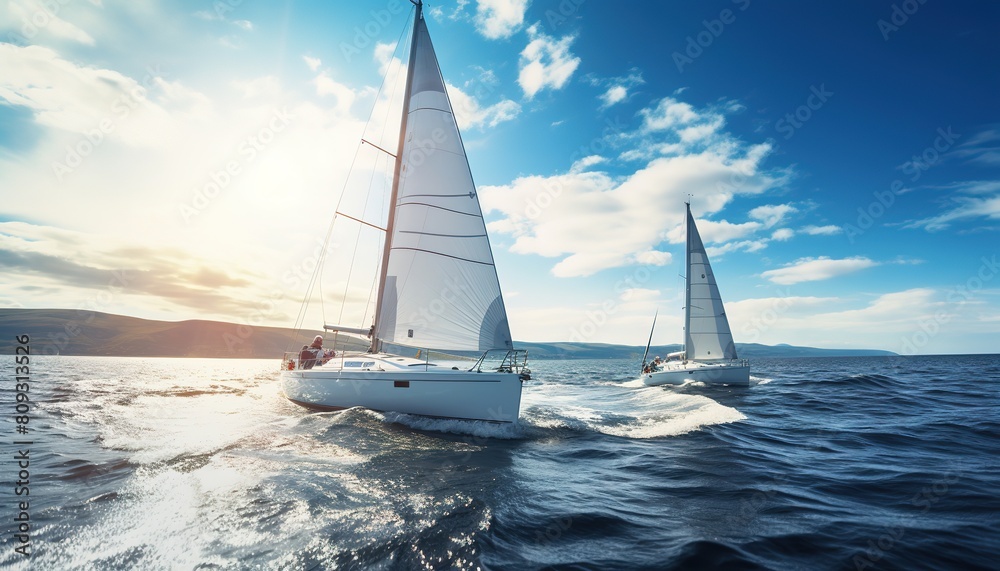 Naklejka premium Luxury yachts at Sailing regatta. Sailing in the wind through the waves at the Sea.