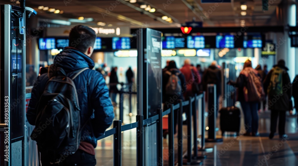 A man in casual attire waiting and looking at the flights departure board in a busy airport terminal A man in casual attire waiting and looking at the flights departure board in a busy airport terminal