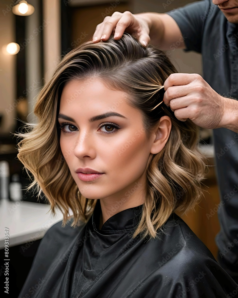 Fototapeta premium Peluquero peinando a una mujer en una peluquería