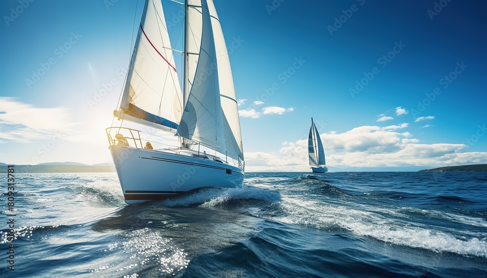 Fototapeta premium Luxury yachts at Sailing regatta. Sailing in the wind through the waves at the Sea.