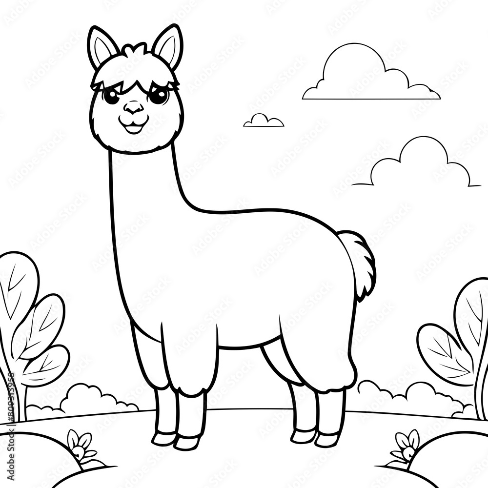 Fototapeta premium Cute vector illustration Llama for kids coloring activity page