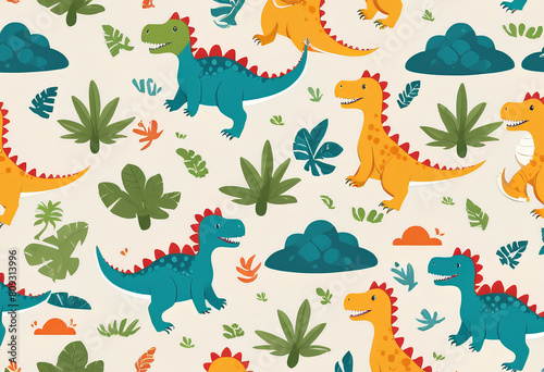 Seamless pattern with cute dinosaur on light background. Flat style vector illustrations can be used for packaging paper  fabric  textile  wrapping paper  fabric  textile  etc. 