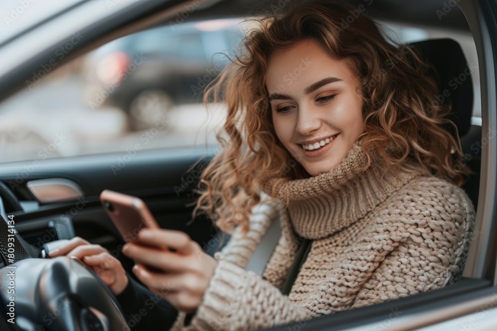 Smiling woman using mobile sitting in car Smiling woman using mobile sitting in car