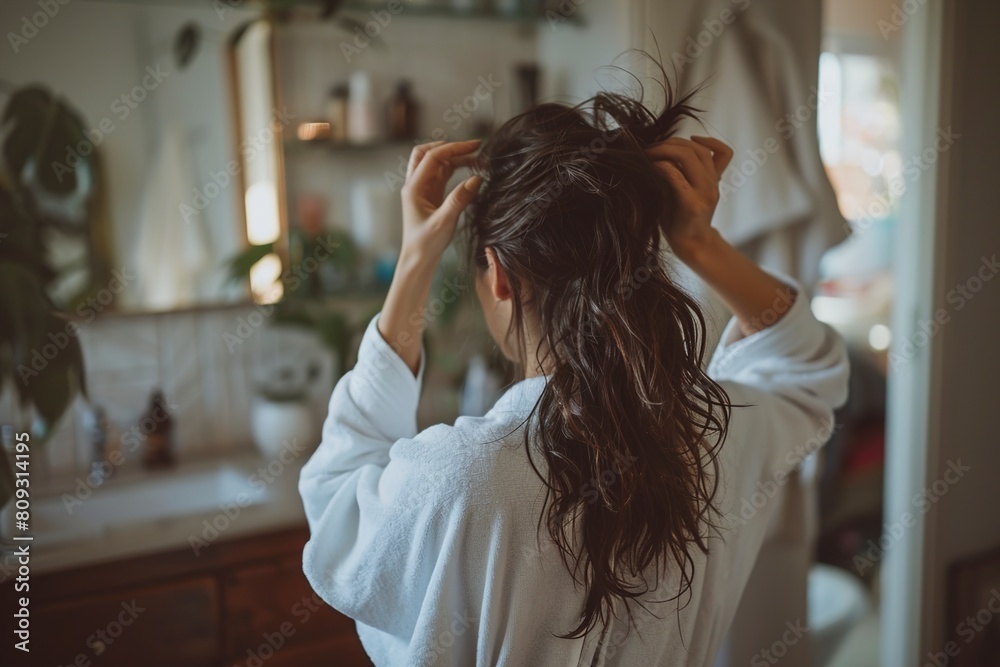 Woman wearing bathrobe combing hair at home