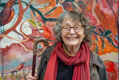 Smiling woman with eyeglasses holding walking cane