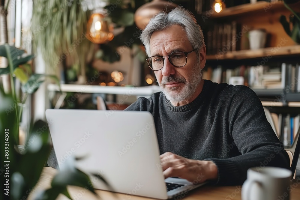 Mature male freelancer using laptop while sitting at table Mature male freelancer using laptop while sitting at table