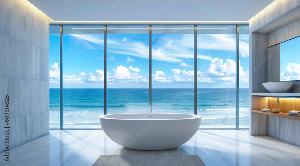 Luxury modern bathroom interior in ocean condo with expensive design and scenic view. Luxury modern bathroom interior in ocean condo with expensive design and scenic view.