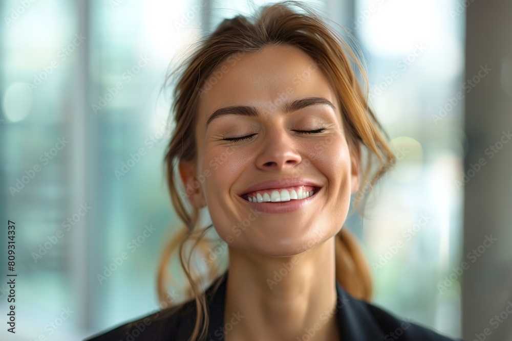 Portrait of a laughing businesswoman with closed eyes Portrait of a laughing businesswoman with closed eyes