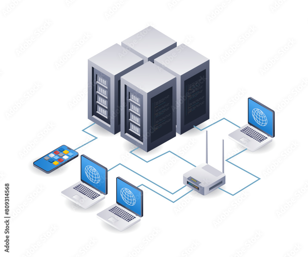 Network wifi internet server technology analyst infographic illustration 3d flat isometric 1 Network wifi internet server technology analyst infographic illustration 3d flat isometric 1