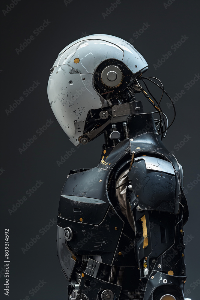 A futuristic robot stands tall, with a sleek helmet strapped to its back, ready for its next intergalactic adventure A futuristic robot stands tall, with a sleek helmet strapped to its back, ready for its next intergalactic adventure