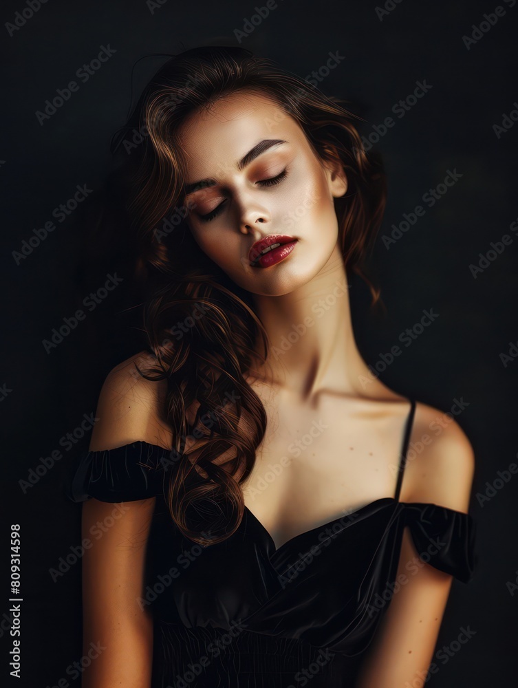 An artistic image of a woman with curly hair and red lipstick, her eyes closed in a serene expression An artistic image of a woman with curly hair and red lipstick, her eyes closed in a serene expression