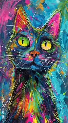 Colorful abstract painting of a cat with vibrant eyes