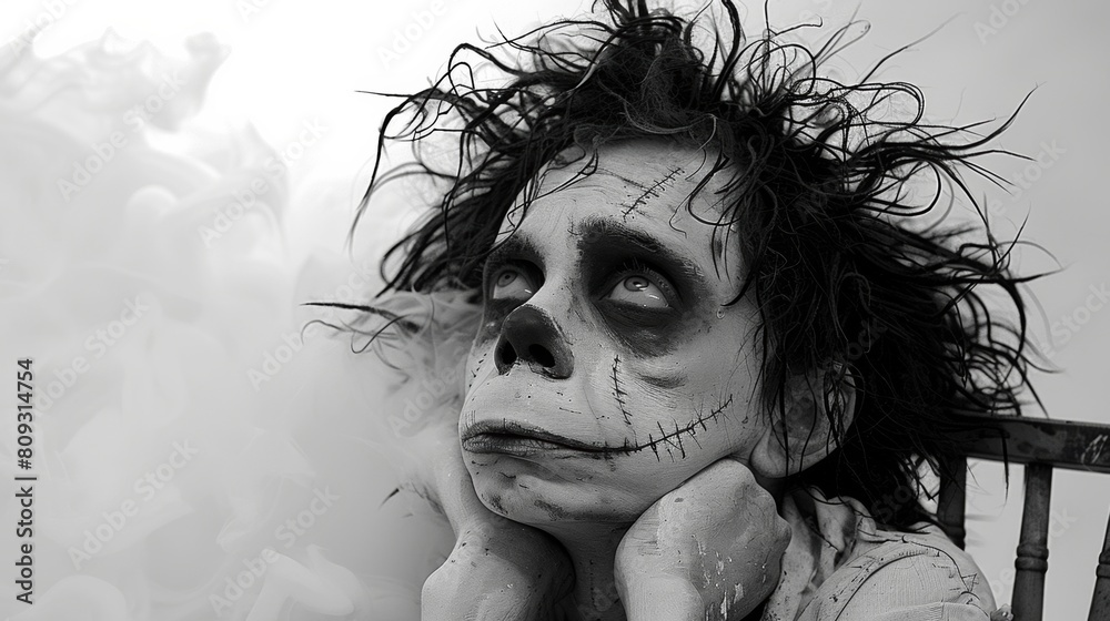 Fototapeta premium A person with a skeleton face sitting in front of the camera, AI