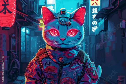 Futuristic neon cyber cat in cyberpunk style on a black background. Night lights glow, digital art, robot hacker. Future technologies. Creative character logo.