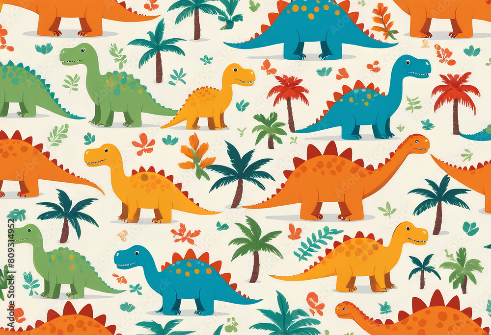 Obraz premium Colorful Dinosaur Seamless Pattern with Tropical Jungle Elements