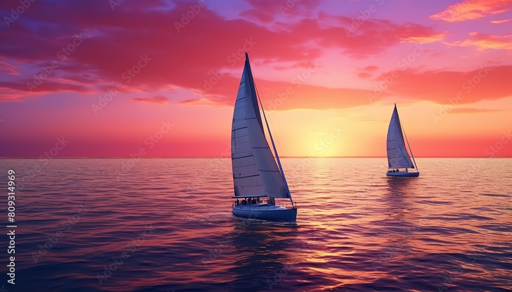 Sailing boat in the Mediterranean sea during scenic sunset.Luxury yacht and cruise holiday.Regatta sailing ship yachts with at opened sea. Aerial view of sailboat in windy condition.