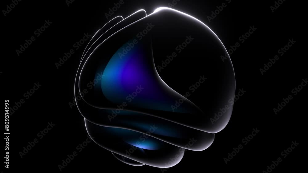 3d render abstract art video of surreal 3d ball sphere in curved wavy round and spherical lines forms in transparent fluorescent plastic material with glowing blue neon color parts on black background