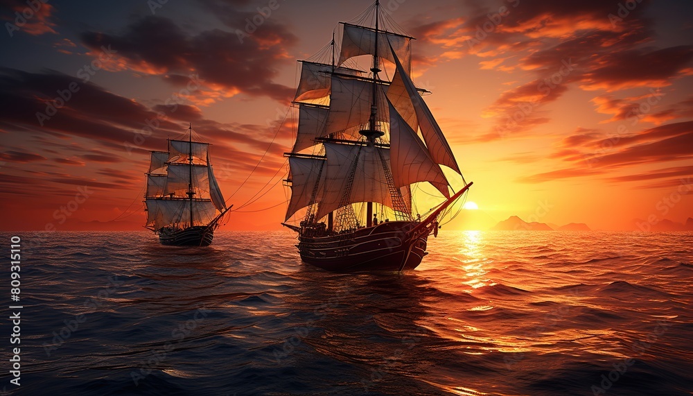 Obraz premium Sailing boat in the Mediterranean sea during scenic sunset.Luxury yacht and cruise holiday.Regatta sailing ship yachts with at opened sea. Aerial view of sailboat in windy condition.