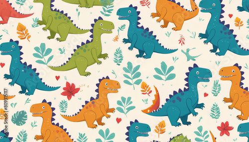 Seamless pattern with cute dinosaur on light background. Flat style vector illustrations can be used for packaging paper, fabric, textile, wrapping paper, fabric, textile, etc. 