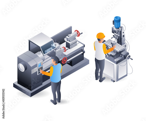 Manual lathe and drill operator, infographic flat isometric 3d illustration