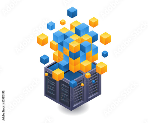 Management blockchain server technology isometric flat illustration