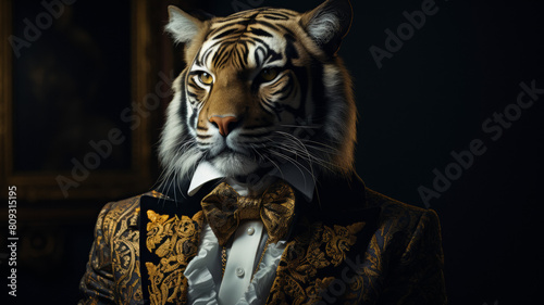 A tiger is wearing a suit and tie and is posing for a picture