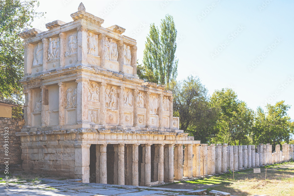 Sebasteion at Aphrodisias, marble reliefs, colonnade, trees, sunlight, shadow. Geyre, Aidin, Turkey (Turkiye)