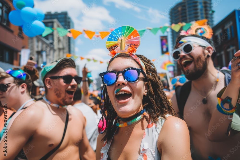 a crowd of diverse people having fun on the pride parade