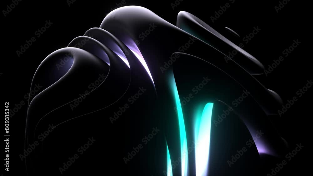 3d render abstract art video animation with part of the surreal alien flower in curve wavy spherical elegance spiral lines forms in black matte rubber material with a neon glowing blue and purple part