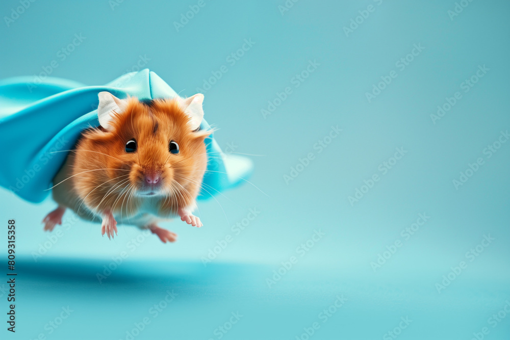 Adorable superhero Syrian hamster with a cloak isolated on blue background. Cute pets. High quality photo Adorable superhero Syrian hamster with a cloak isolated on blue background. Cute pets. High quality photo