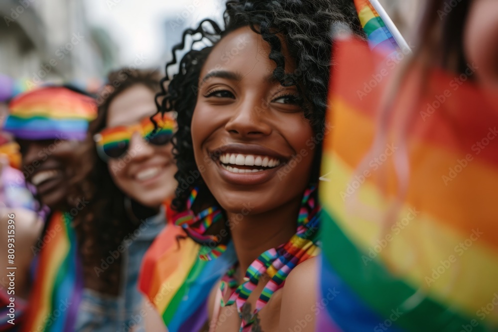 Joyful Participant Celebrating at an Outdoor Pride Parade During a Sunny Day