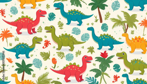Seamless pattern with cute dinosaur on light background. Flat style vector illustrations can be used for packaging paper  fabric  textile  wrapping paper  fabric  textile  etc. 