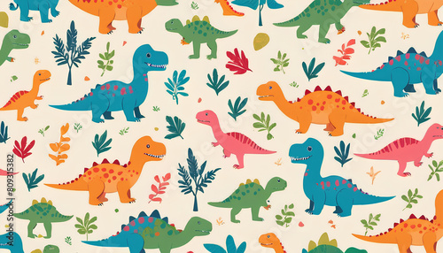 Seamless pattern with cute dinosaur on light background. Flat style vector illustrations can be used for packaging paper  fabric  textile  wrapping paper  fabric  textile  etc. 