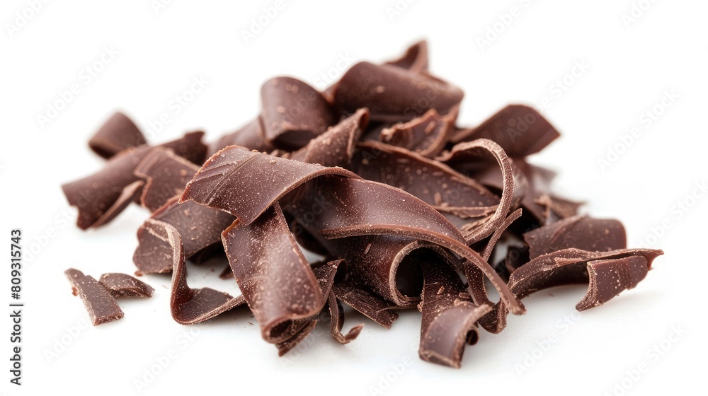 Several tasty chocolate shavings stand out against a white background Several tasty chocolate shavings stand out against a white background