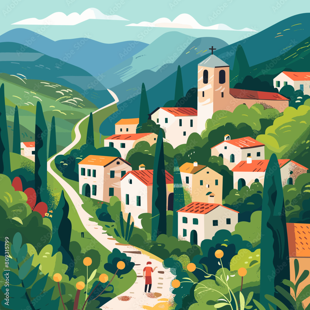 Village in the mountains. Vector illustration in flat design style. Village in the mountains. Vector illustration in flat design style.