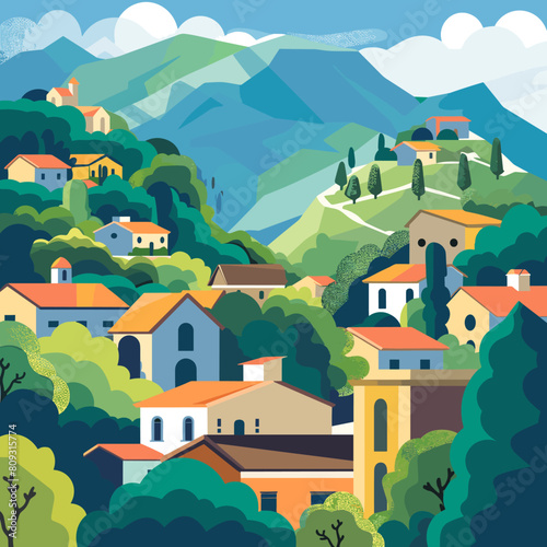 Landscape with village in Italy. Vector illustration in flat style.