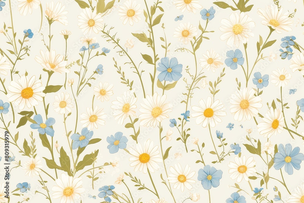 Delicate daisies and forget-me-nots creating a charming and whimsical seamless pattern