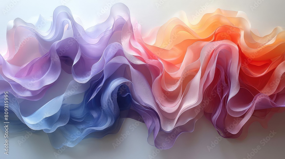 An abstract painting of translucent waves of color, with a gradient from purple to orange. The waves are arranged in a horizontal row, and the painting has a soft, ethereal feel. An abstract painting of translucent waves of color, with a gradient from purple to orange. The waves are arranged in a horizontal row, and the painting has a soft, ethereal feel.