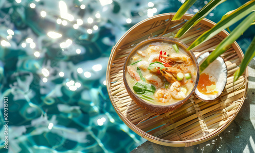 A tantalizing bowl of Tom Yum soup with succulent shrimp is set against a sparkling pool backdrop, encapsulating the essence of exotic dining.
