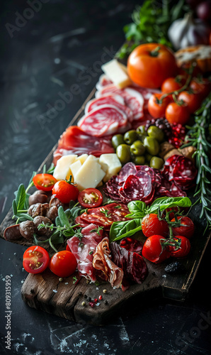 An appetizing charcuterie board brimming with a selection of cured meats, cheese, fresh tomatoes, basil, and an egg, artistically arranged on a rustic wooden surface.
