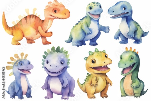 Watercolor paintings  set of various dinosaur species. have a smiling face on a white background