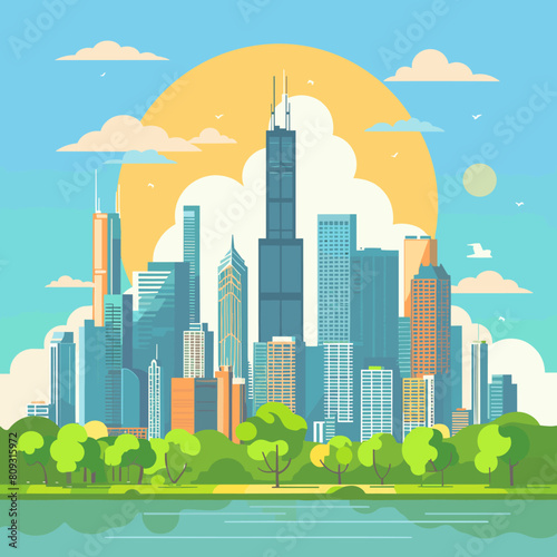 City landscape with skyscrapers and river. Flat style vector illustration.
